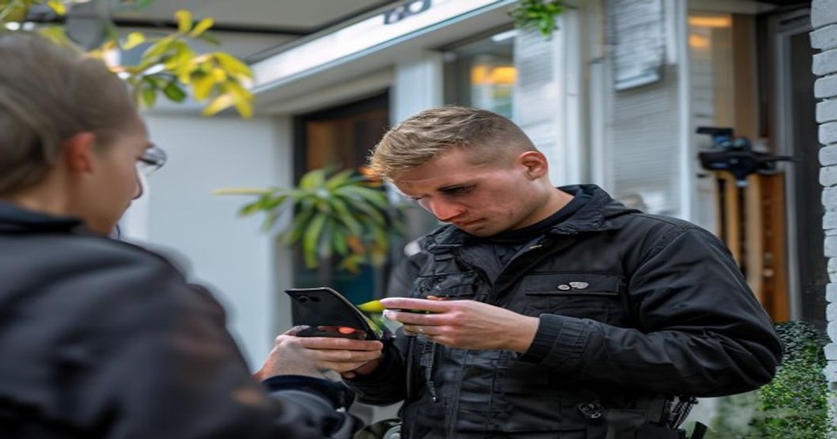 Handwerker repariert ein Smartphone vor Ort am Kundenparkplatz, Werkzeug auf dem Tisch, sonniges Tageslicht