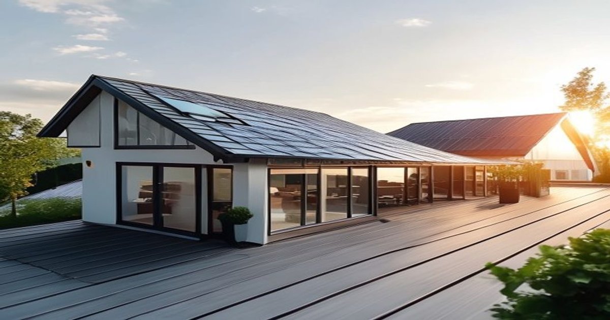 Dienstleister reinigt Photovoltaik-Module auf einem Hausdach bei Sonnenschein